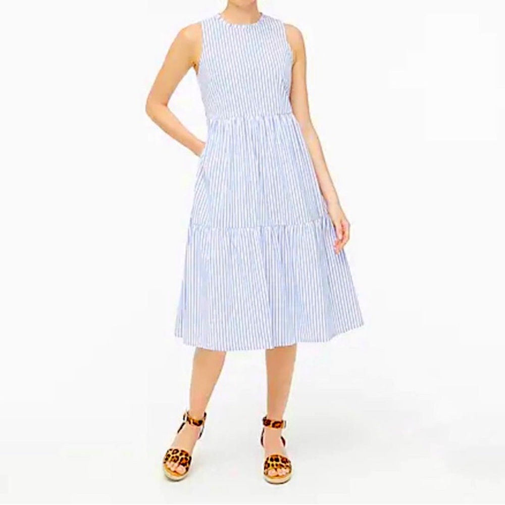 J. Crew Sleeveless Tiered Midi Poplin Dress Striped 16